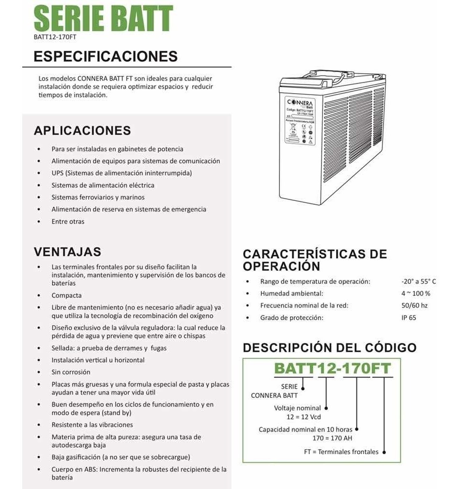 Bater?a Connera ?cido-plomo 12v Terminales Frontales 170 Ah - Image 2