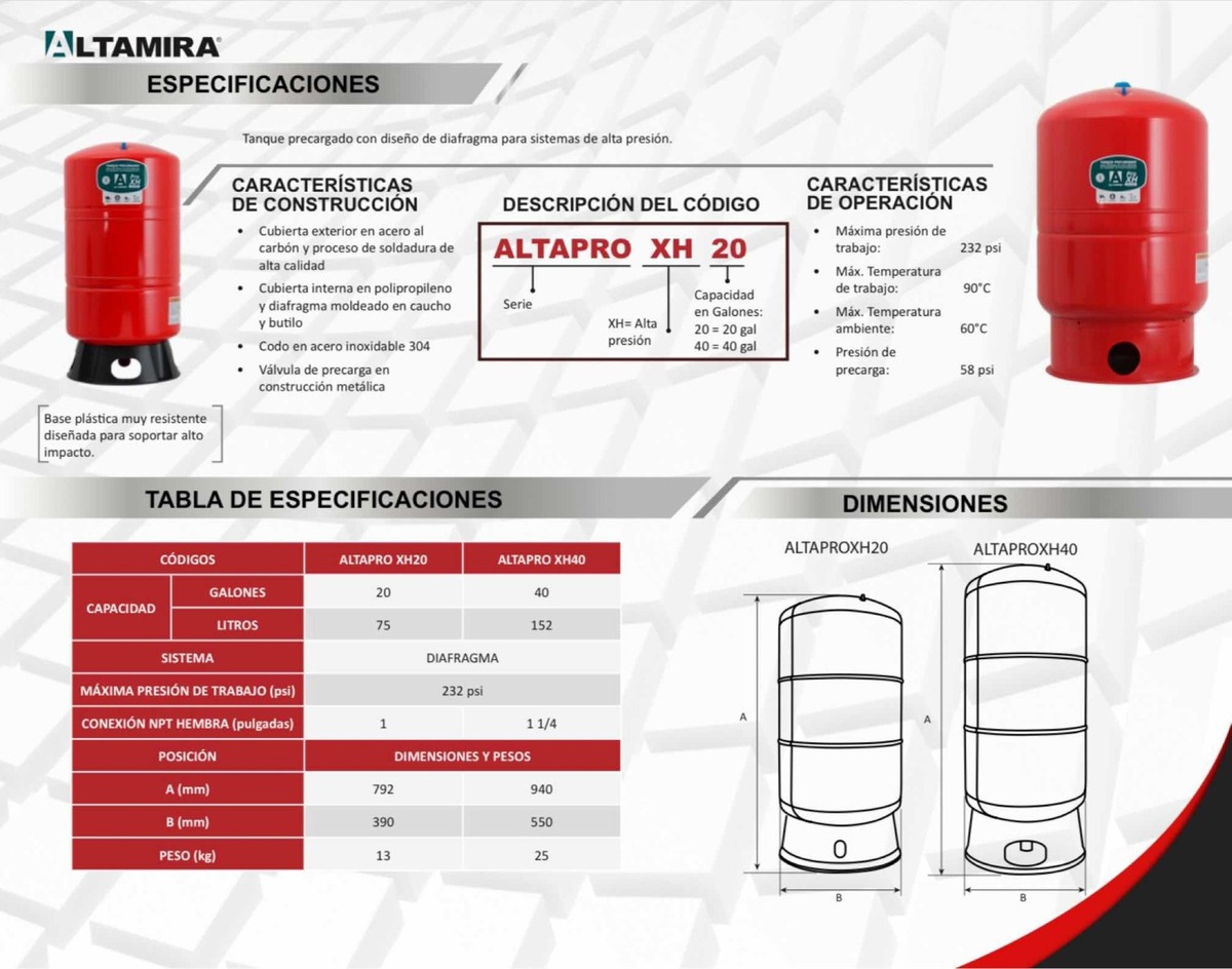 Tanque precargado vertical para alta presi?n, de diafragma, ALTAMIRA, serie PRO XH, acero al carb?n, 40 Gal, presi?n m?xima 232 psi - Image 3