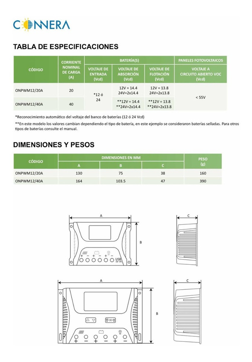 Controlador de carga solar serie ON PWM, CONNERA, 20 A, para bateras con entrada de 12 - 24 VCD ONPWM12/20 - Image 5