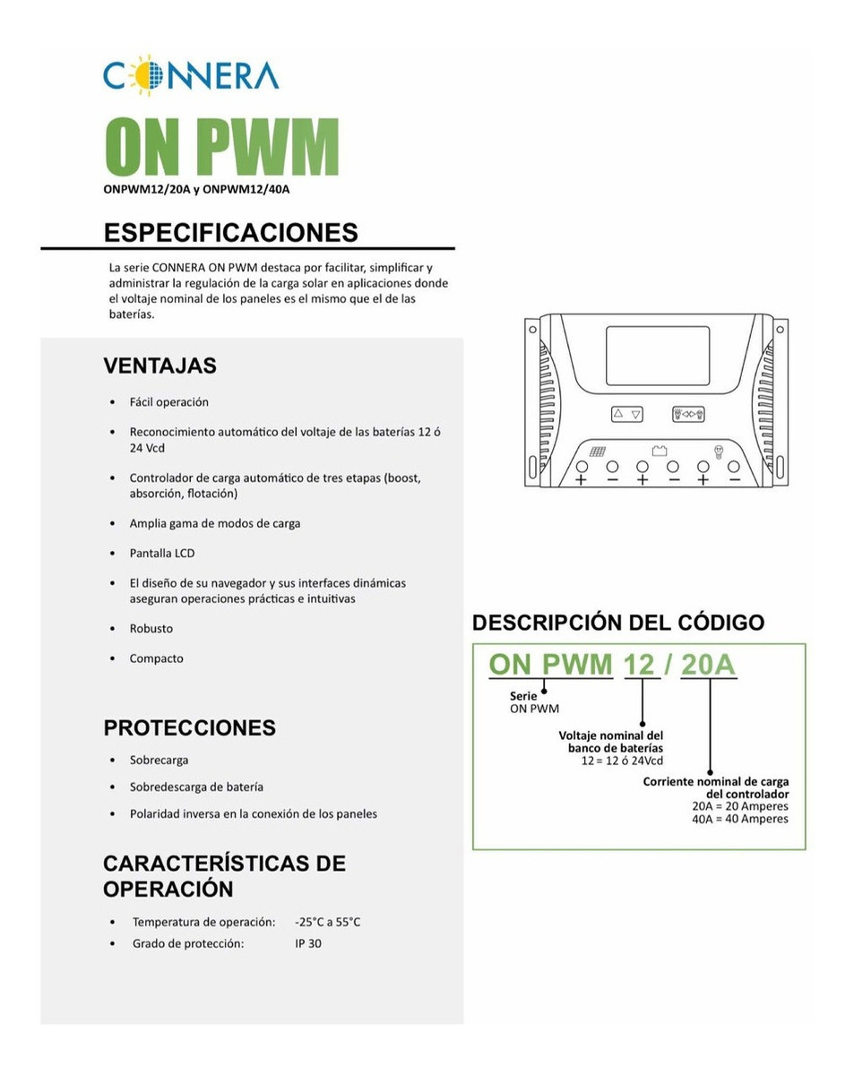 Controlador de carga solar serie ON PWM, CONNERA, 20 A, para bateras con entrada de 12 - 24 VCD ONPWM12/20 - Image 4