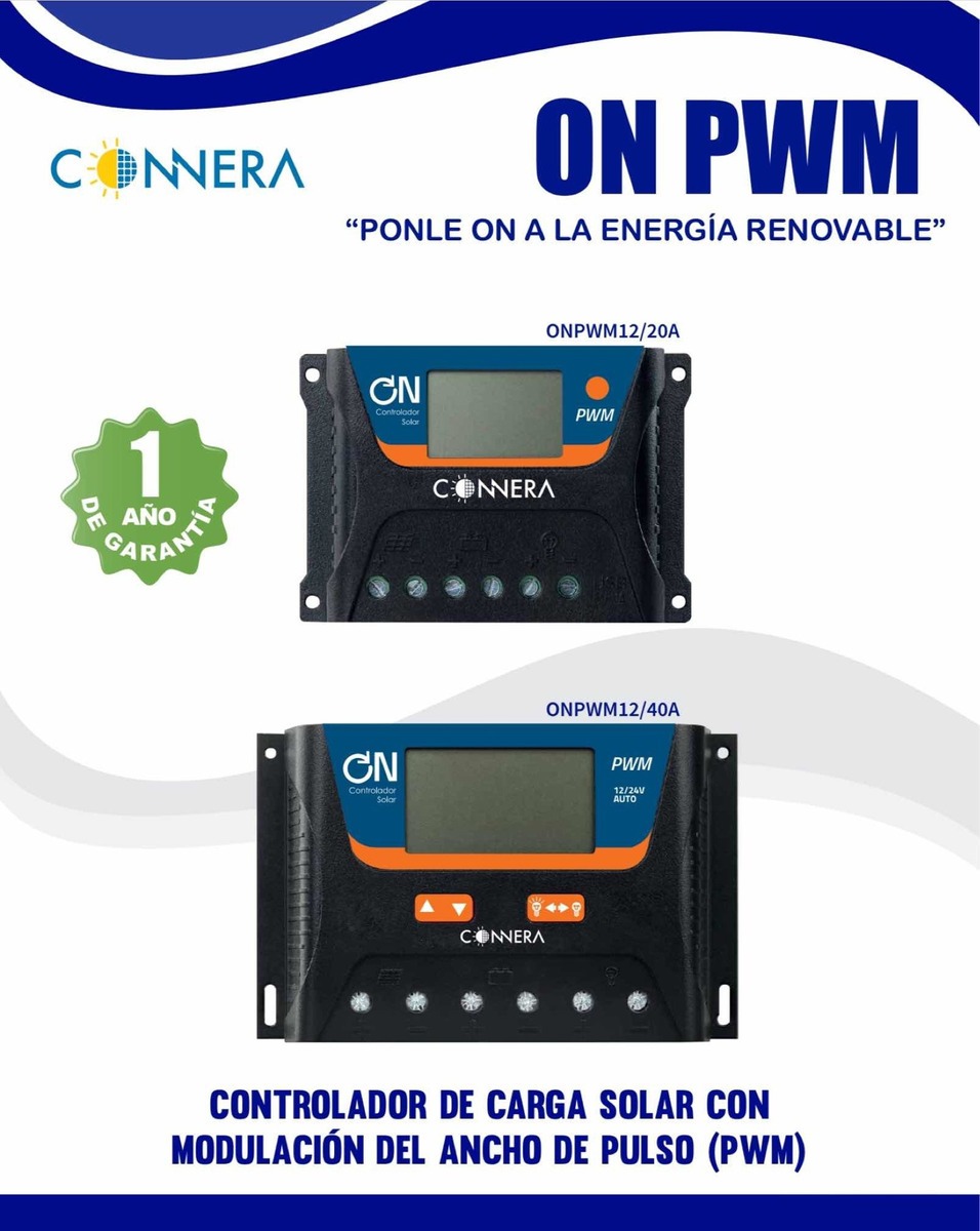 Controlador de carga solar serie ON PWM, CONNERA, 20 A, para bateras con entrada de 12 - 24 VCD ONPWM12/20 - Image 6