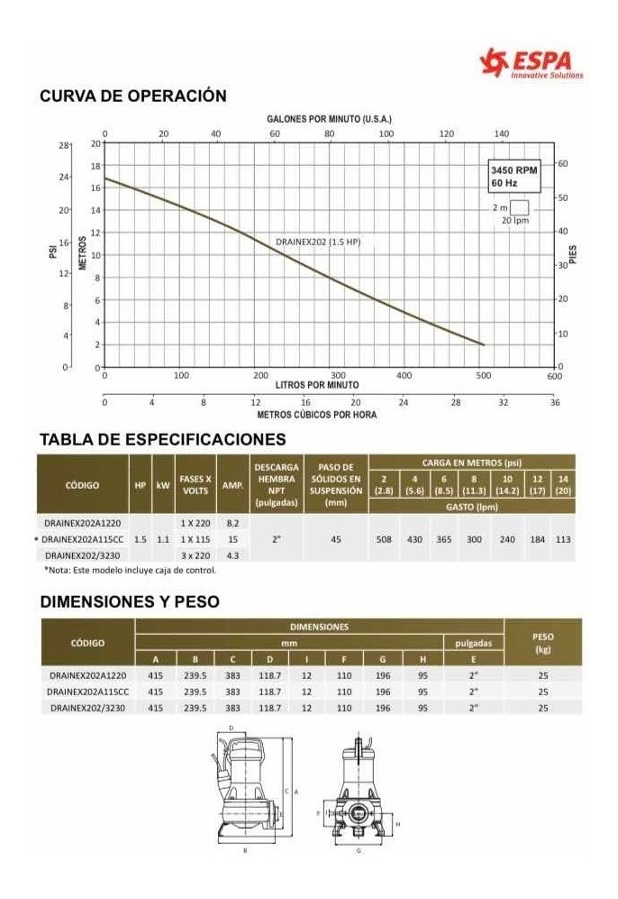 Motobomba sumergible para lodos, ESPA, serie DRAINEX, descarga 2", s?lidos 45 mm, 1.5 HP, 1 fase, 230 volts, - DRAINEX202/3230 - Image 3