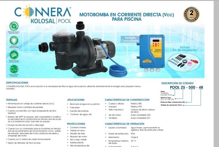 Motobomba recirculadora en corriente directa (Vcc) para piscina, CONNERA, serie KOLOSAL POOL, 350 LPM, 900W, 72Vcc POOL32-900-72 - Image 4