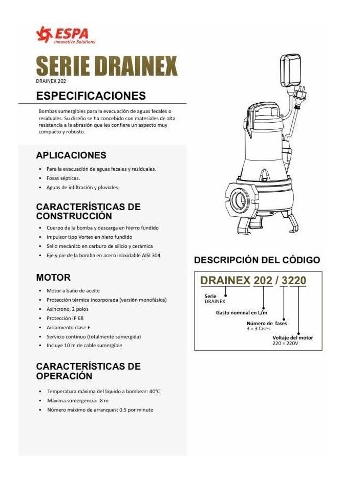 Motobomba sumergible para lodos, ESPA, serie DRAINEX, descarga 2", s?lidos 45 mm, 1.5 HP, 1 fase, 230 volts, - DRAINEX202/3230 - Image 2
