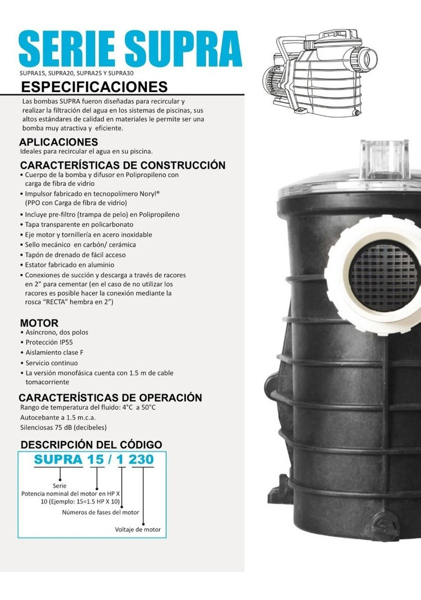 Bomba recirculadora para piscina, AQUA PAK serie SUPRA, 3 HP, 3 fases, 230/460 Volts - SUPRA 30/3234 - Image 3