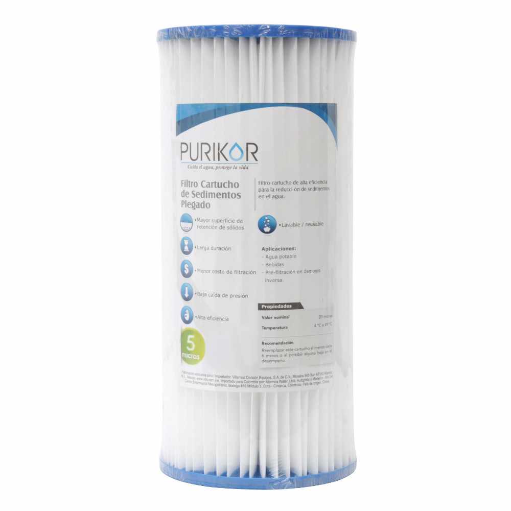 Filtro cartucho plegable de Polipropileno marca PURIKOR con dimensiones de 4.5" x 10" para filtrado de 1 micra PKCPL4.5X10X1