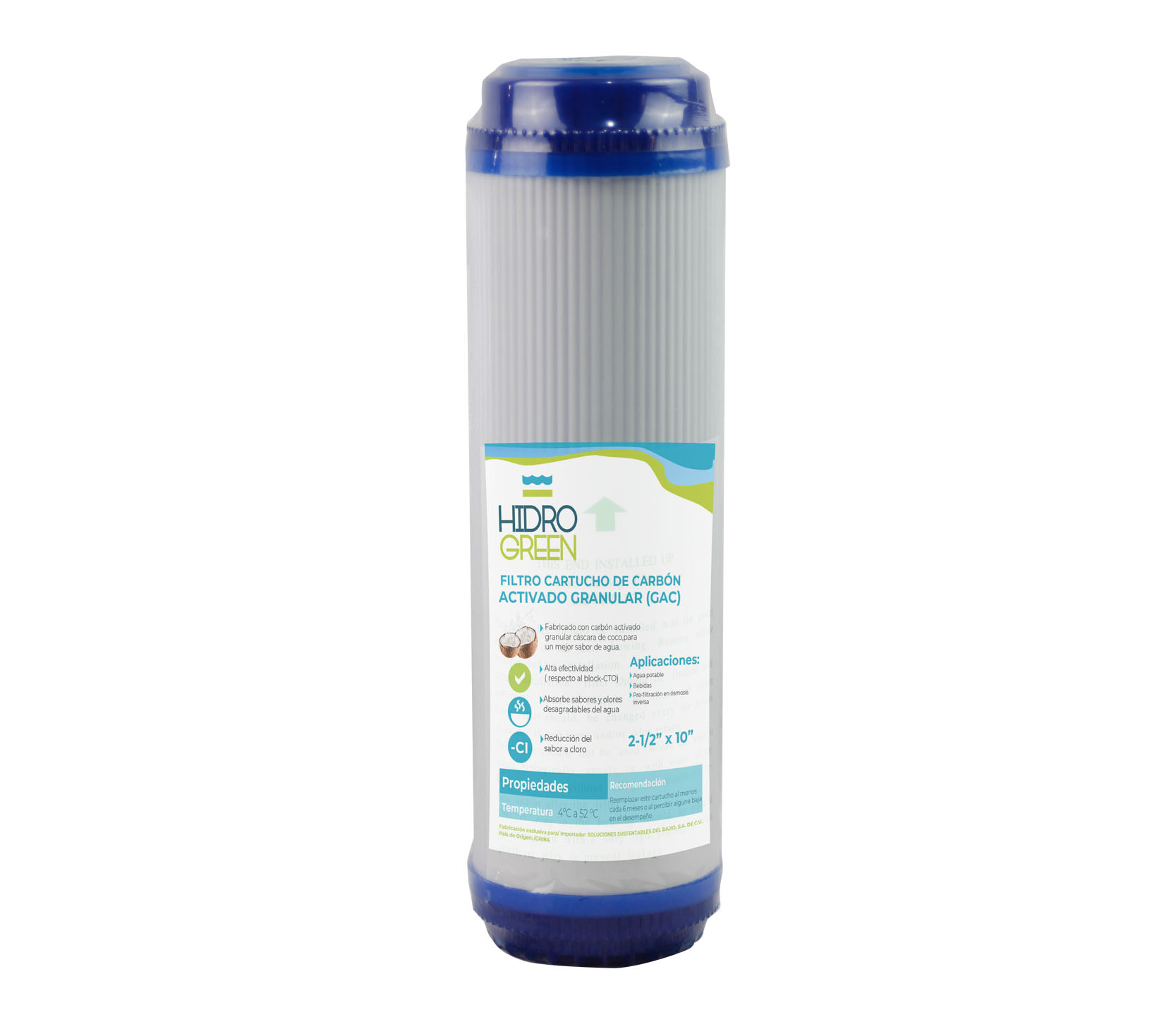 Filtro cartucho de Carb?n activado granular (GAC) marca HIDROGREEN con dimensiones de 2.5" x 10"
