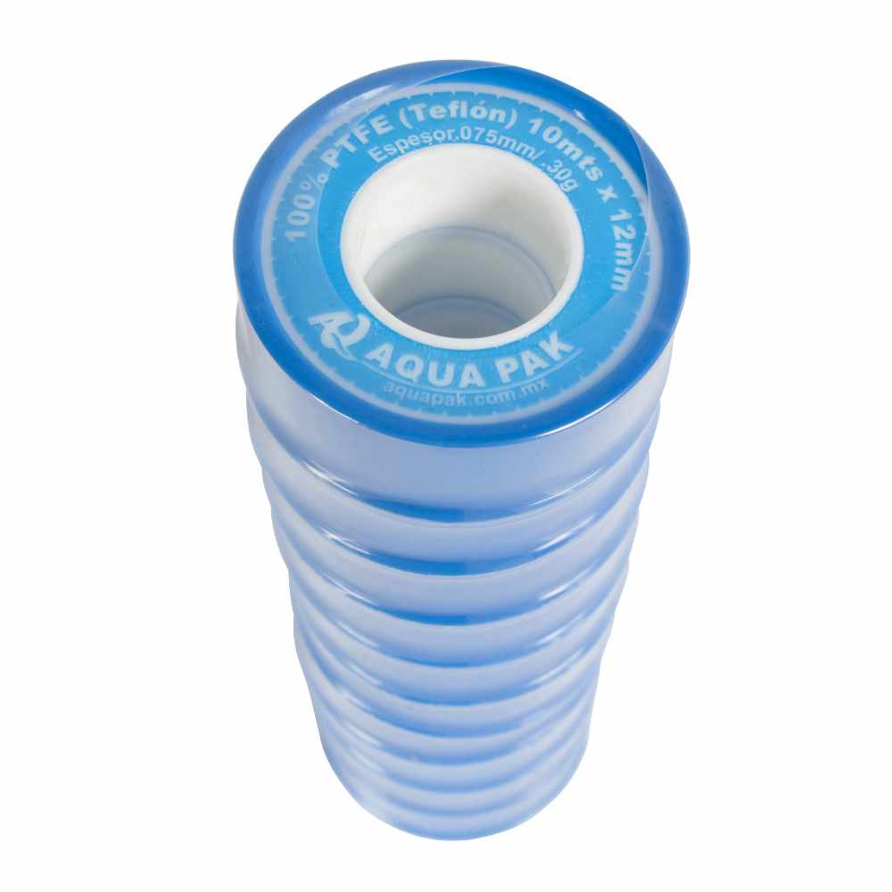 Paquete de 10 piezas cinta de Tefl?n (PTFE) AQUA PAK, 12mm (1/2") de ancho,10m de largo, 0.075mm de espesor (cada pieza) CT12X10/PAQ10