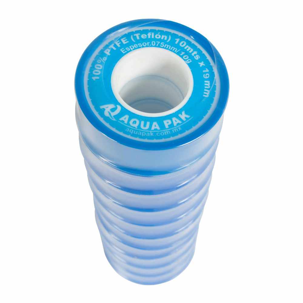 Paquete de 10 piezas cinta de Tefl?n (PTFE) AQUA PAK, 19mm (3/4") de ancho,10m de largo, 0.075mm de espesor (cada pieza) C?digo: CT19X10/PAQ10