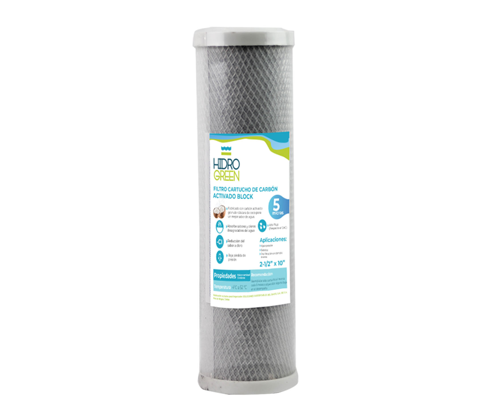 Filtro cartucho de Carb?n activado block (CTO) marca HIDROGREEN con dimensiones de 2.5" x 10" para filtrado de 5 micras HGCCTO2.5X10X5
